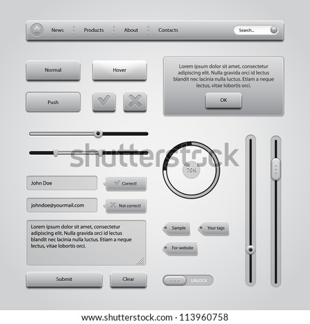 Light Gray UI Controls Web Elements 2: Buttons, Comments, Sliders, Message Box, Preloader, Loader, Tag Labels, Unlock