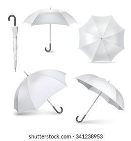 Light gray umbrellas  and parasols in various positions  open and folded pictograms collection realistic  isolated vector illustration