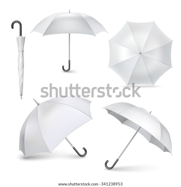 さまざまな位置に明るい灰色の傘と日傘が開いて折りたたまれた絵文字コレクションのリアルな分離型ベクターイラスト のベクター画像素材 ロイヤリティフリー