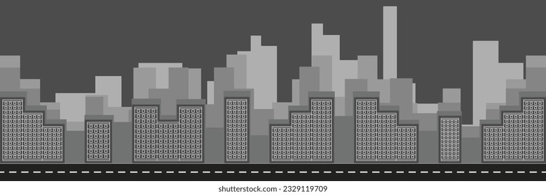 Light gray urban background. Modern harmonic city landscape. Architectural panorama. Buildings silhouettes and skyscrapers towers. Multi-storey residential buildings with windows outlines. Flat style.