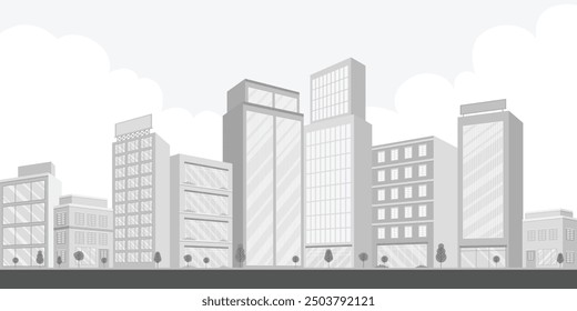 Light gray urban cityscape background. City buildings with trees and cloud. Monochrome urban landscape with road. Modern architectural flat style vector illustration.