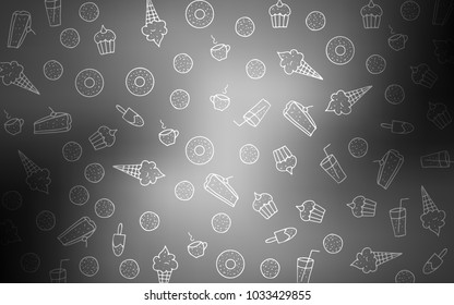 Light Gray vector background with tasty sweets. Glitter abstract sketch with sweets, candies, desserts. Pattern for menu of cafes and restaurants.