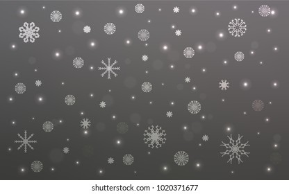 Hellgrauer Vektordeckel mit schönen Schneeflocken. Schnee auf unscharfem abstraktem Hintergrund mit Farbverlauf. Das Muster kann für neue Jahresblätter verwendet werden.