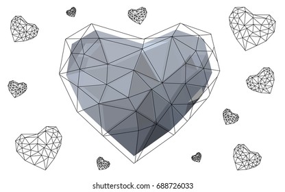 Light Gray vector greeting Card Happy Valentine's Day. Lettering with hearts on the white polygonal background. Colored triangular illustration for your business.