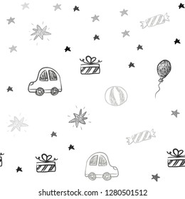 Light Gray vector seamless background in xmas style. Colorful illustration with a toy car, baloon, candy, star, ball. Template for new year postcards.