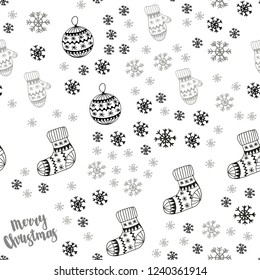 Light Gray vector seamless cover with beautiful snowflakes, balls, socks, mittens. Modern geometric abstract illustration. Template for business cards, websites.