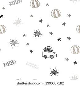 Light Gray vector seamless layout in new year style. Illustration with a colorful toy car, baloon, candy, star, ball. Template for new year postcards.
