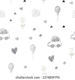 Light Gray vector seamless layout with new year gifts. Abstract illustration with a toy car, heart, baloon, tulip, candy, ball. Pattern for birthday gifts.