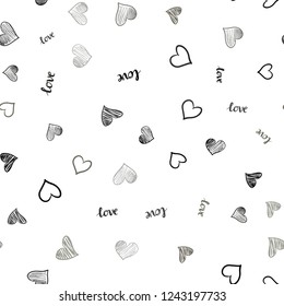 Light Gray vector seamless pattern with phrase LOVE YOU, hearts. Illustration with words of love, hearts in abstract style. Template for business cards, websites.