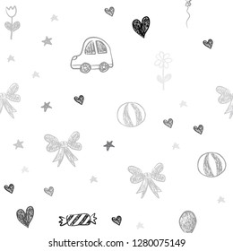 Light Gray vector seamless pattern with christmas toys. Shining illustration with a toy car, heart, baloon, tulip, candy, ball. Template for new year postcards.