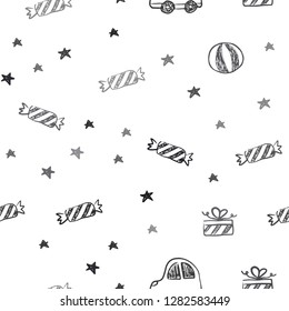 Light Gray vector seamless pattern in christmas style. Shining illustration with a toy car, baloon, candy, star, ball. Design for colorful commercials.