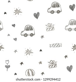 Light Gray vector seamless pattern with christmas toys. Colorful illustration with a toy car, heart, baloon, tulip, candy, ball. Design for colorful commercials.