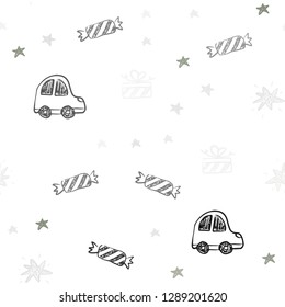 Light Gray vector seamless template in carnival style. Illustration with a colorful toy car, baloon, candy, star, ball. Pattern for birthday gifts.
