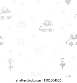 Light Gray vector seamless template with carnival elements. Illustration with a gradient toy car, heart, baloon, tulip, candy, ball. Template for new year postcards.