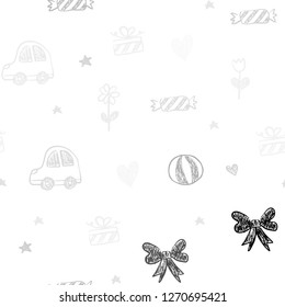 Light Gray vector seamless texture with birthday gifts. Illustration with a colorful toy car, heart, baloon, tulip, candy, ball. Pattern for carnival, festival ads.