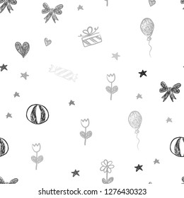 Light Gray vector seamless texture in birthday style. Illustration with a gradientheart, baloon, candy, gift, star, ribbon. Template for new year postcards.