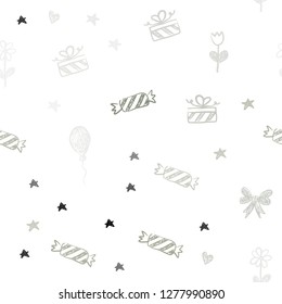 Light Gray vector seamless texture in birthday style. Illustration with a gradientheart, baloon, candy, gift, star, ribbon. Template for new year postcards.
