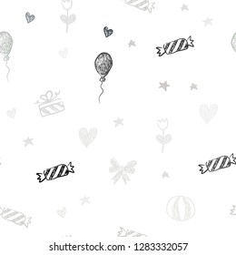 Light Gray vector seamless texture in birthday style. Illustration with a colorfulheart, baloon, candy, gift, star, ribbon. Pattern for new year ads.