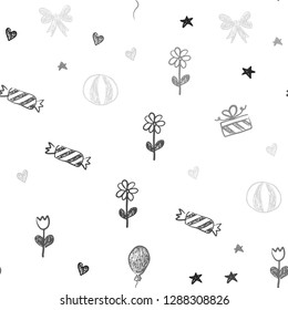 Light Gray vector seamless texture in birthday style. Design in xmas style with aheart, baloon, candy, gift, star, ribbon. Design for colorful commercials.