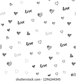 Light Gray vector seamless texture with words LOVE YOU, hearts. Design in doodle style with text LOVE YOU, hearts. Pattern for design of fabric, wallpapers.