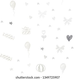 Light Gray vector seamless texture in birthday style. Design in xmas style with aheart, baloon, candy, gift, star, ribbon. Pattern for carnival, festival ads.