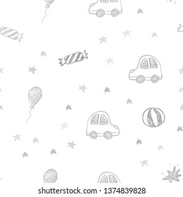 Light Gray vector seamless texture in birthday style. Shining illustration with a toy car, baloon, candy, star, ball. Pattern for birthday gifts.
