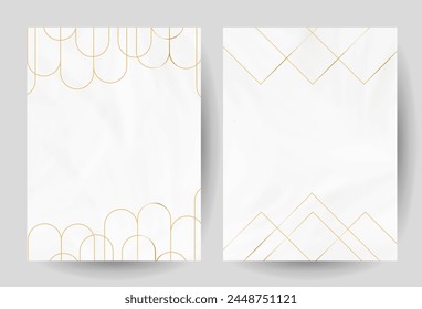 Light gray and white clouds vector design backgrounds. Golden line geometric round and triangle art. Marble textured frames. Watercolor style texture card. Elegant decoration. Fantasy pastel color