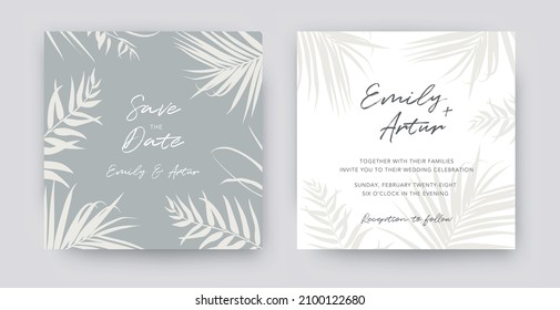 Hellgraue und weiße Vektorhochzeit einladen, speichern Sie den Datumskartensatz. Handgezeichnet bearbeitbare tropische Palmenblätter dekorative Rahmen, Rahmen. Modernes, stilvolles Design. Botanische, bearbeitbare abstrakte Illustration