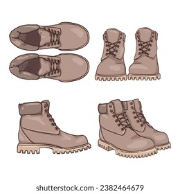 Light Gray Work Boots. Vector Set of Cartoon Shoes