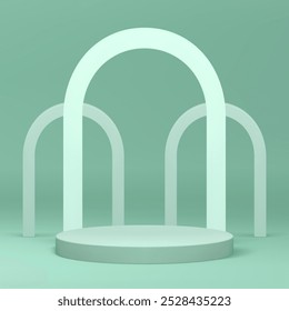 Light green 3d cylinder podium pedestal with arch wall background realistic vector illustration. Pastel minimalist trendy geometric display mockup product commercial presentation shopping sale promo