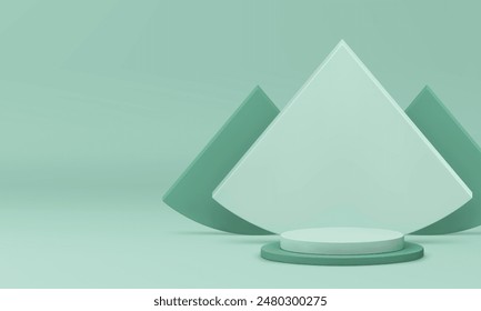 Light green 3d podium display with triangle shapes wall background realistic vector illustration. Pastel cylinder pedestal minimalist aesthetic showcase abstract geometric form for presentation