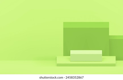 Light green 3d podium pedestal geometric showroom for product show realistic vector illustration. Trendy advertising showcase stand with rectangle wall background shopping sale stage