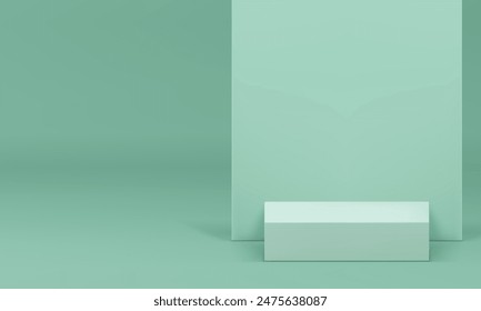 Light green 3d podium squared pedestal with wall background realistic vector illustration. Trendy pastel empty showcase display rendering showroom space interior mock up for product show presentation