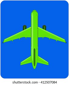 Light green aircraft in the sky. View from above. Vector illustration. Blue background.