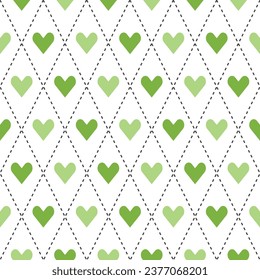 Hellgrünes Argyle-Muster mit Herz im Inneren. Argyle-Vektormuster. Argyle-Muster. Nahtlose geometrische Muster für Kleidung, Umhüllungspapier, Hintergrund, Hintergrund, Geschenkkarte, Pullover.