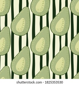 Light green avocado silhouettes seamless pattern. Black and white lines stripped monochrome background. Perfect for wallpaper, textile, wrapping paper, fabric print. Vector illustration.