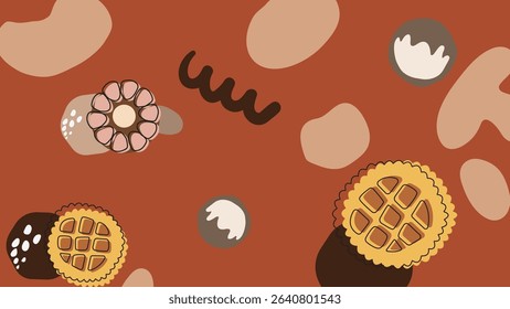 Light green backdrop filled with smiling gingerbread cookies and round flower-shaped treats, surrounded by scattered biscuit textures and yellow candy shapes.