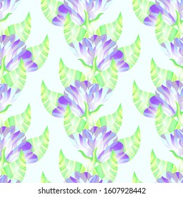 Light green background with abstract flowers and leaves. Seamless pattern in light colors with gradient for spring and summer designs. 