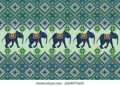 Light green background with blue Thai pattern alternating with elephant motifs