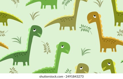 A light green background with cartoon dinosaurs and foliage.