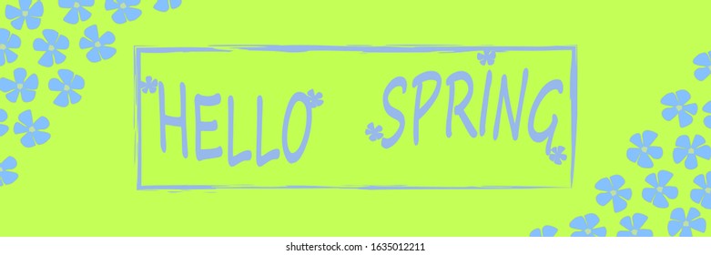 A light green background in the corners is painted with purple flowers in the middle of the frame with the inscription hello spring purple. banner.