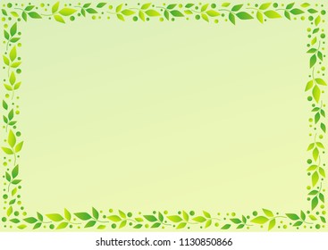 Light green background with decorative frame of green leaves and dots for decoration, scrapbooking paper, sheet of book or notebook, wedding invitation, greeting card, text, family tree