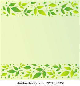 Light green background with decorative stripes align top and below with green leaves and dots for decoration, scrapbooking paper, sheet of book or notebook, wedding invitation, greeting card, text