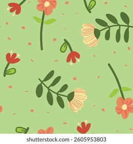 Light green background featuring a scattered pattern of red, pink, and white flowers with green stems, accented by small pink dots, perfect for a fresh floral design.