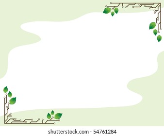 a light green background frame with birch leaves and electronic circuits