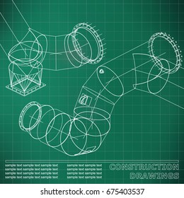 Light green background. Grid. Drawings of steel structures. Pipes and pipe. 3d blueprint of steel structures. Background for your design