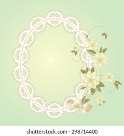 Light green background with lace frame with flowers and ribbons