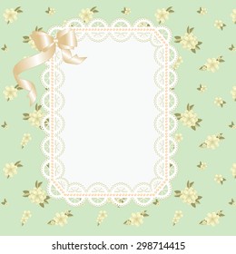 Light green background with lace frame with flowers and ribbons
