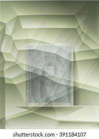 Light green background, a shelf with a mystical map with numbers on grey banner with ancient symbol. Text "in search of Atlantis", decorative banner, poster. Vector illustration
