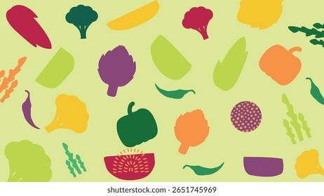 Light green background with stylized illustrations of peppers, broccoli, artichokes, and leafy greens in bright and playful flat color blocks.